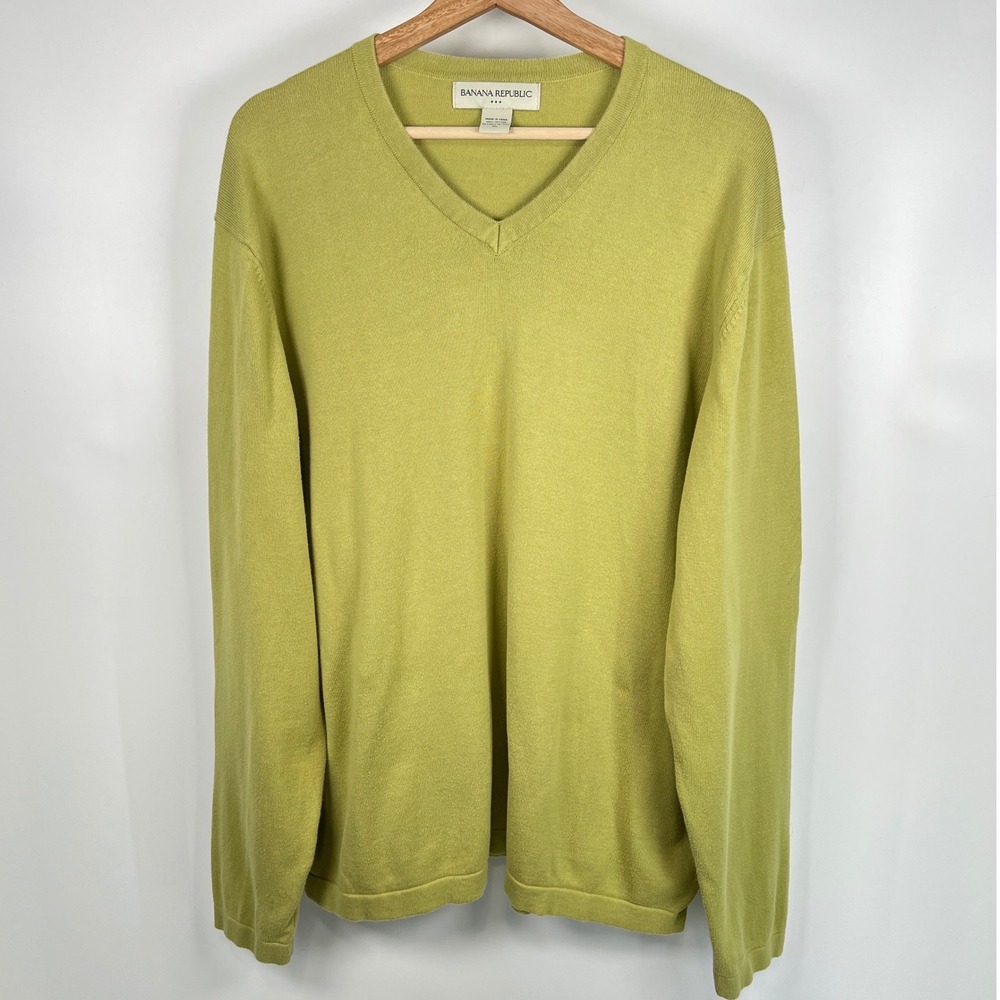 Banana Republic Mens XL Chartreuse Green‎ 100% Cotton V-Neck Sweater Y2K